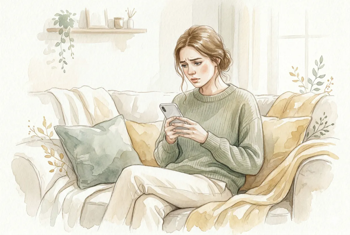 スマホで症状を調べている女性